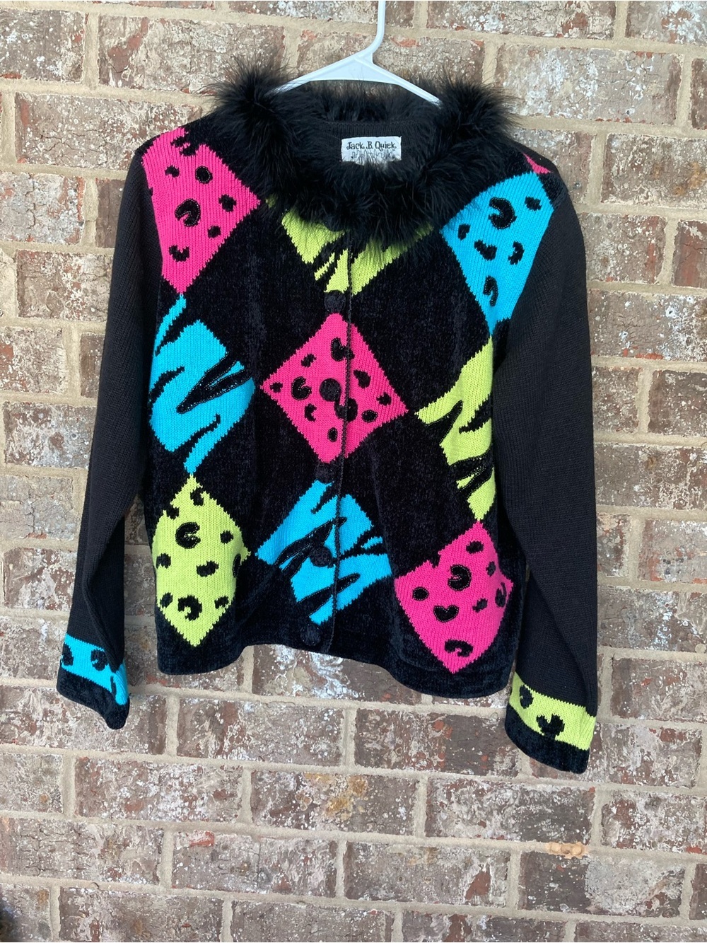 Jack B Quick Vintage  Black Argyle Feather Collar Cardigan Y2K Size Large
NWT